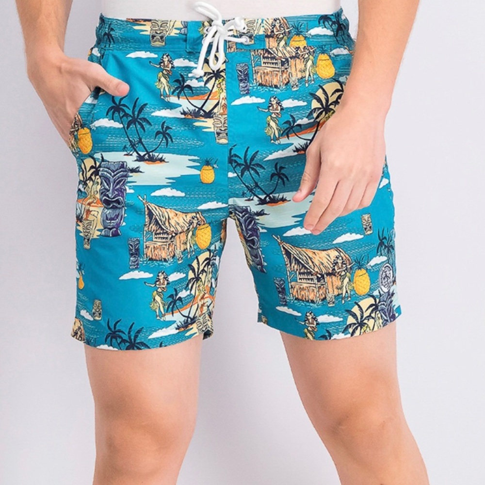 NWT ORIGINAL PENGUIN MENS BLUE TIKI HULA SWIMSUIT SWIM SHORTS TRUNKS L